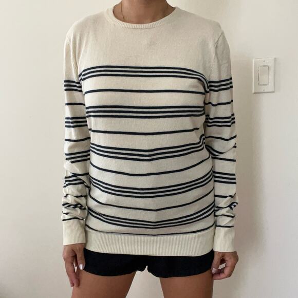 A.P.C. Womens Cream Black Stripe Crewneck 100% Wool Long Sweater Size M - Picture 9 of 12